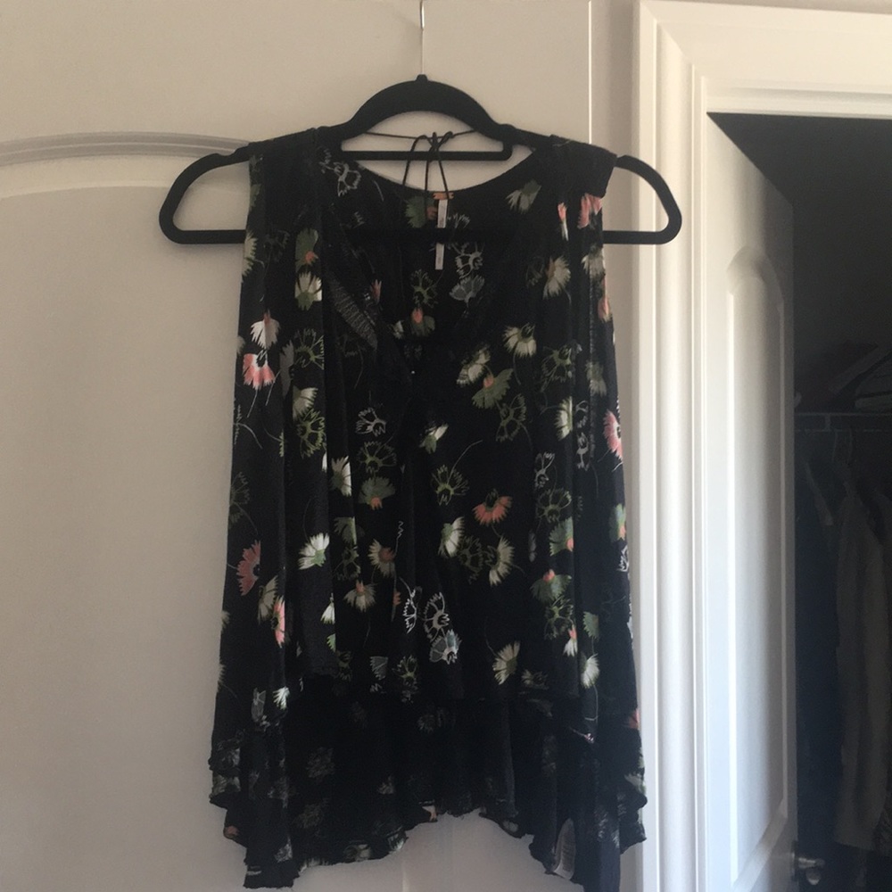 Free People Black Floral Print Top